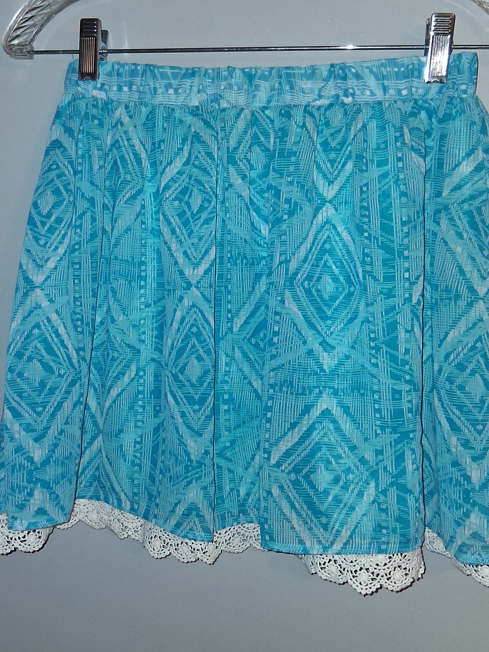 Decree Turquoise Patterned Mini Skirt with White Lace Hem